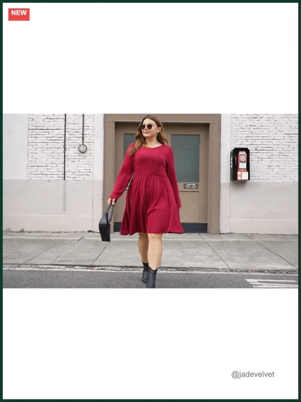 Plus Size Midi Swing Dress with Pockets, Long Sleeve Scoop Neck Ribbed Knit